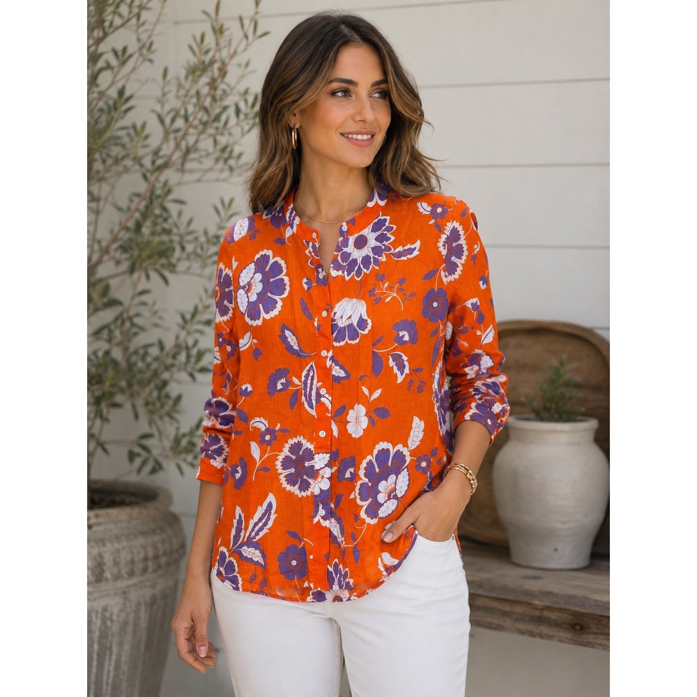 Ann Taylor Shirt Womens Large Orange Purple Floral 100% Linen Band Collar
